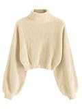 ZAFUL Strick Pullover Damen Rollkragen Cropped Elegant Langarm Laternen ärmel Drop Shoulder Kurzer Pulli Turtleneck Sweater for Herbst Winter (1-Aprikosenweiß,S)