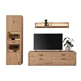 Wohnwand Wohnmöbel Set Eiche teilmassiv 3-teilig, Vitrine, Wandboard, Lowboard, inkl. LED-Beleuchtung