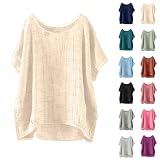 Day Prime Sommer locker Oversized Leinenbluse Kurzarm Vintage Leichte Bluse Basic Rundhals Damen T-Shirt Lässiges Bequemes Modisch Licht Hemdbluse Lässiges Atmungsaktive Elegante B