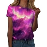Galaxy Shirt Damen Galaxie Bedrucken T-Shirts Glitzer Shirts Bluse Modische Sternenhimmel Sommer Shirts Rundhals Kurzarm Oberteile Tops Für Karnevalskostü