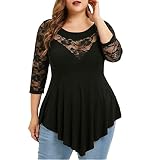 Longshirt Damen Plus Size Damen Bluse Spitze Langarm Shirt Übergroße Spitzenbluse Rundhals Asymmetrisch Oberteile Langarmshirt Blumen Stickerei Tunika Tshirt Mollige Elegant Festliche Top
