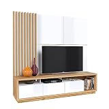 Lomadox Wohnwand TV-Wand braun & weiß Hochglanz 3-teilig Modern mit Eiche Nb. inkl. TV-Lowb