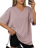 Cuptacc Tshirt Damen V Ausschnitt Mit Schlitze Halbarm Cool Oberteile Urlaub Lässige Vielseitig Große Größen Überschnittene Schultern Shirt Dunkelrosa XXL