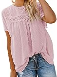 Dokotoo Damen Bluse Sommer Kurzarm Oberteile Spitzen Aushöhlen T-Shirt Elegant Rundhals Swiss Dot Chiffonblusen Shirts Tops, rosa, S