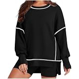 ANHATUIV Übergroße T-Shirts für Damen, langärmeliges Oberteil, Waffelpullover, solider Rundhalsausschnitt, geteilter Saum, lässige T-Shirts, Baggy klassische Tunika, Tops, Alltagskleidung, 01 black, L