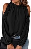 Toplop Bluse Damen Langarmshirt Schulterfrei: Festlich Elegant Oberteil Sexy Tops Herbst Frühling Lässig Kurzarm Tunika Damenbluse mit Carmen Asymmetrischer Ausschnitt/Rüschen Rundhals A-Schwarz L