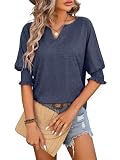 MorFansi Damen T-Shirt V-Ausschnitt 3/4 Ärmel Bluse Einfarbig Lose Shirts Frühling Sommer Tunika Basic Tee Tops Oberteile (Navy Blau,L)