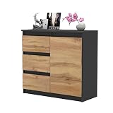 MartHome Moderne Kommode ALEXO - 80cm Breit, 75cm Hoch, 3 Schubladen, 1 Türen, Robuste Laminat-Konstruktion, Vielseitig für Wohnzimmer, Schlafzimmer, Home-Office Anthrazit Matt/Eiche Wotan F