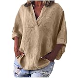 AYSDSKI Musselin Bluse Damen 3/4-Arm T-Shirt Einfarbig Tshirt V-Ausschnitt Oberteile mit Taschen Lockere Blusentop Atmungsaktiv Pullover Lässige Sommer Top