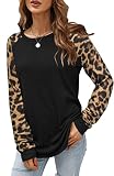 Langarmshirts für Damen Oversize Pullover Patchwork Bluse T-Shirt Tops Oberteile Tunika Blusen Tuniken (Leopard,XX-Large)