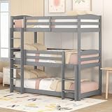 TIZZ Single-Size-Holz-Dreier-Etagenbett für Kinder,90x200cm (Grau)
