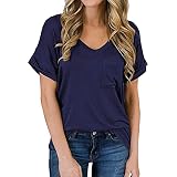 Damen-T-Shirts KurzäRmliger V-Ausschnitt, Lockere, LäSsige Sommeroberteile Einfarbiges Basic-Tunika-T-Shirt Mit Tasche (S,Dunkelblau 1)