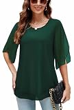 Actcat Damen Rüschen 3/4 Ärmel Mesh Blusen Lose Flowy Tops Stretch Shirts Crinkle blusen Damen Sommer smaragdgrün damenblusen elegant mesh Shirt Damen damenblusen 3/4