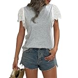 Damen Rüschen Ärmeln Strick Kurzarm Elegant Top Mit Rundhalsausschnitt Frühling Sommer Casual Bequeme T-Shirt für Frauen (Grau,S)
