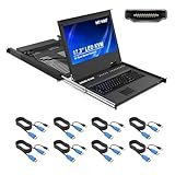 MT-VIKI 1U HDMI LCD KVM Konsole 8 Port mit 17.3'' LCD Monitor für 1HE 19'' 600-800mm Schrank Schublade Hotkey OSD mit 8xKabeln 1920X1080