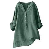 Damen Longbluse,Leinen Tunika,Damen Sommer Leinen Long Bluse Top Langarm Bluse mit Knöpfen Hals T-Shirt Große Größen Casual Tunika Elegant Casual Vintage Style Oversized Shirt Bluse,Grün,M