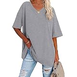 T-Shirt für Damen, Sommerbluse, übergroß, kurzärmlig, V-Ausschnitt, weiches Basic-T-Shirt, einfarbig, Puls Size, #09Hellgrau, XXX-Larg