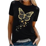 Tshirt Damen Oberteile mit Gold Schmetterlings Print Rundhals Kurzarm Bluse Lässige Tees Pullover Frühlings Herbst Basic Shirt All Match Tunika Tops Geschenk für Teenager Mädchen Pulli Streetw