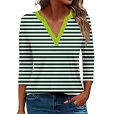 Gestreiftes Damen-T-Shirt mit 3/4-Ärmeln, Sommer, lässig, V-Ausschnitt, 2024, Blumenmuster, Tunika, Ausgehen, Blusen, grün, S
