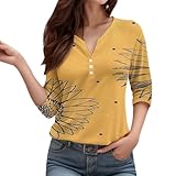 Bedrucktes Kurzarm-T-Shirt für Damen mit V-Ausschnitt und DREI Knöpfen, stilvolles, lässiges Oberteil 英文五点描述 Pullover (Yellow, XXXL)