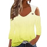 Damen Mesh Cold Shoulder Shirt 2024 Sommermode 3/4 Ärmel Tunika Top Baumwolle V Ausschnitt Shirt 2000 T Shirt Shirt Damen Glitzer (Yellow-A, XXL)