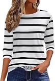 Arevill Damen T-Shirts 3/4 Ärmel Rundhals Basic Casual Oberteile Gestreifte/einfarbig/Drucken S