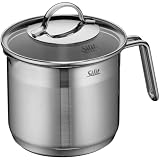 Silit Achat Milchtopf Induktion mit Glasdeckel 14 cm, hoher Kochtopf 1,7l, Edelstahl teilmattiert, Milchkopchtopf Induktion, unbeschichtet, backofengeeig