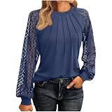 Langarmshirt Damen Einfarbig Gerippt Hemdbluse Spitzenärmeln Tops Rundhal Bluseshirt mit Falten Trendy Teenager Mädchen Spitzenbluse Raglanärmel Oberteile Spitzenspleißen Bluse Streetw