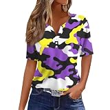 RMBLYfeiye Meine Bestellungen Sport Shirts Für Damen Shirt Mit Gummizug Am Saum Damen Damen Bluse Kurzarm V-Ausschnitt Henley Shirt Mit Knopfleiste Camouflage Tunika Bluse Uv Shirt Damen (Lila, XL)