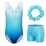 ZNYUNE Mädchen Turnanzug mit Hose Haarband Set Gymnastikanzug Kinder Shorts Trikot Turnen Ärmellos/Langarm Kleidung klassisch Turnbody B182 Blue 12