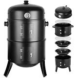Räucherofen, 3 in 1 Smoker Grill Holzkohlegrill, Räuchertonne Räuchergrill Watersmoker, Räuchern Räucherofen mit Deckel & Thermometer, 2 Grillrost Edelstahl, 2 Wasserschale Emaille, Holzkohle G
