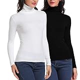 Carcos Damen 2er Pack Rollkragen Langarm Shirt, Basic Rolli Oberteil Hoher Kragen Slim Fit T-Shirt Top für Herbst Winter,Schwarz, Weiß,M