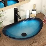 YU YUSING Aufsatzwaschbecken Waschbecken Glas Waschtisch, Oval Hand Waschschale mit Wasserhahn Set, Waschplätze für Badezimmer Küche Gäste WC, Modern Blau, 53 x 35 x 16