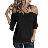 Masrin Damen Oberteile Lässige einfarbige schulterfreie Bluse Sexy Slash Neck Sling Tunika Cold Shoulder Pullover mit Dreiviertelärmeln T Shirt mit ausgestellten Ärmeln Bequeme T