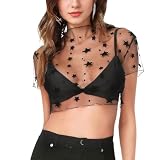 Damen Netz Oberteil Transparentes Shirt Sexy Damen Schwarz Langen Ärmeln Durchsichtiges Damen Langarm Shirt Leichtes Transparent Tüll Mesh T-Shirt Sheer Mesh Bluse Tunika Casual (Sternendruck M)