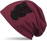 styleBREAKER Damen Stoff Beanie Mütze mit samtigem Eulen Flock-Print, Longbeanie 04024040, Farbe:Bordeaux-R