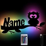 Namofactur Eule auf Ast Personalisiert Farbwechsel Wand-Lampe Nachtlicht Geschenke mit Namen Schlummerlicht Holz Licht I USB + Fernbedienung