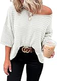 Cuptacc Pullover Damen Elegant 3/4 Ärmel Shirt Rundhalsausschnitt Lockere Kurzarm Oberteil Damen Casual Beige 2XL 50-52