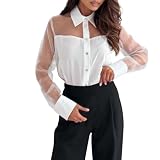 Vhersily Bluse Damen Elegant V-Ausschnitt Satin Langarm Casual Niedliche Bluse Strand Urlaub Sommer Tops Mode Kleidung, weiß, XX-Larg
