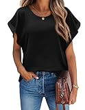 Hotouch Tunika Damen Sommer Batwing Bluse Shirts Kurzarm Fließende Bluse Chiffon Loose T-Shirt Rundhals Oberteil Schwarz XL