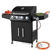 Gasgrill 4 Brenner inkl. Gasschlauch Grillwagen Gasgrill mit Seitenbrenner Beleuchtete Drehknöpfe Grillstation Gasgrillgerät Gasgrillstation Gaskocher Grill mit Gasbetrieb Gas-Außenküche Gasbarb