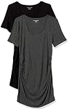 Amazon Essentials Damen Kurzärmeliges Umstands-T-Shirt mit U-Ausschnitt und Raffung, 2er-Pack, Dunkelgrau Meliert/Schwarz, XL