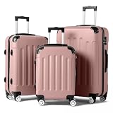 LEADZM Koffer Set 3 Teilig, Reisekoffer Set, Kofferset mit 4 Rollen und Zahlenschloss, Handgepäck Koffer, ABS Koffer Qrganizer, Teleskopgriff (mit Eckenschützern, Rosegold)
