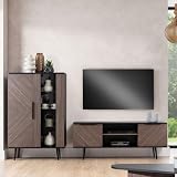 Wohnwand Wohnmöbel Set in Graphit mit braun 2-teilig | 1 Highboard, 1 Lowb