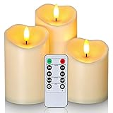 Homemory Outdoor Wasserdicht Flammenlose Kerzen, LED-Kerzen, Batteriebetriebene Kerzen mit Fernbedienung Timer, Elektrische gefälschte Kunststoff-Kerzen, Dunkel Elfenbein, 3er-S
