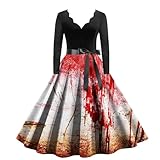 Damen Kleid Halloween Blutige Fledermaus Kürbis Bedrucktes V-Ausschnitt Langarm Swing Kleid mit Taille 3 Figurbetontes Kleid Elegant (AB-White, L)