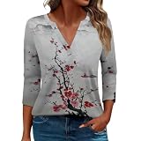 Lange T-Shirts für Damen, Blumenmuster, V-Ausschnitt, Knopfleiste, langärmeliges T-Shirt, Top, Leinenoberteile für Damen, D, XL