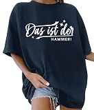 PASUDA T-Shirt Damen Oversized Sommer Kurzarm T Shirt Baumwolle Rundhals Lockere Tshirt mit Buchstaben Aufdruck Mode Lässig Oberteile Breite Schulter Kurzärmeliges Tee Tops (Marine, XXL)