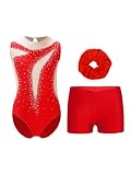 TSSOE Kinder Mädchen Gymnastikanzug Ärmellos Tanz Gymnastik Training Dancewear Gymnastikbody mit Haarband und Shorts Turnanzug Trikotanzug Rot 122-128