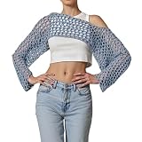 Damen Netz Häkel Crop Top Langärmelig Ausgehöhlt Abgeschnittener Strickpullover Bluse Bikini Strand Durchsichtige Vertuschung